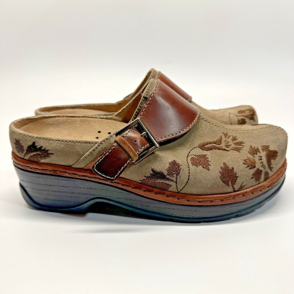 Klogs Footwear Austin Leather Shoes Women 8 W Wide Taupe Suede Leaf Vine Boho - Picture 4 of 13
